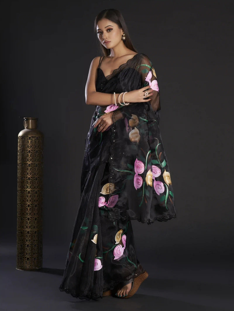 Black rose Handpainted-Organza saree