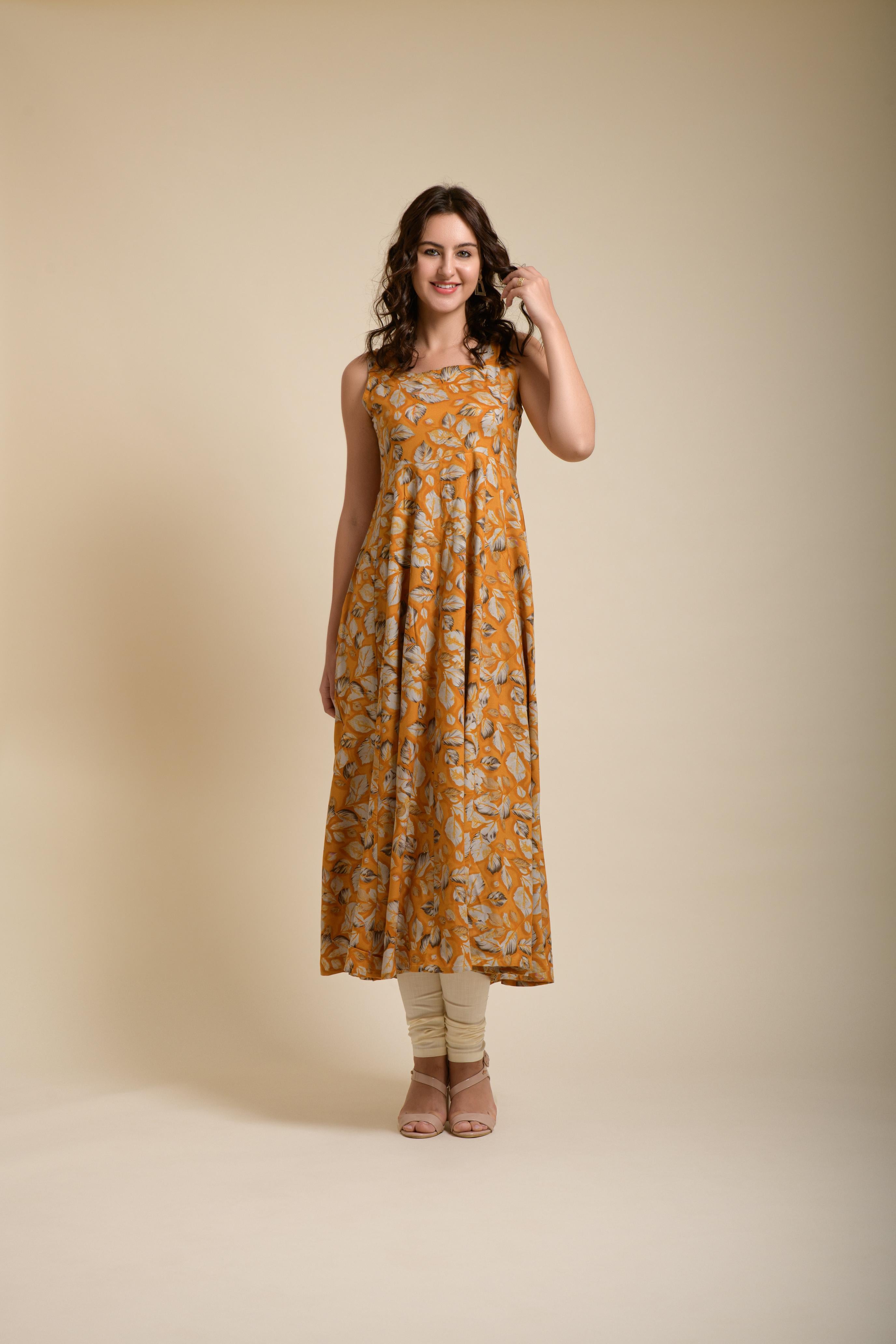 Alina mustard printed gown style set