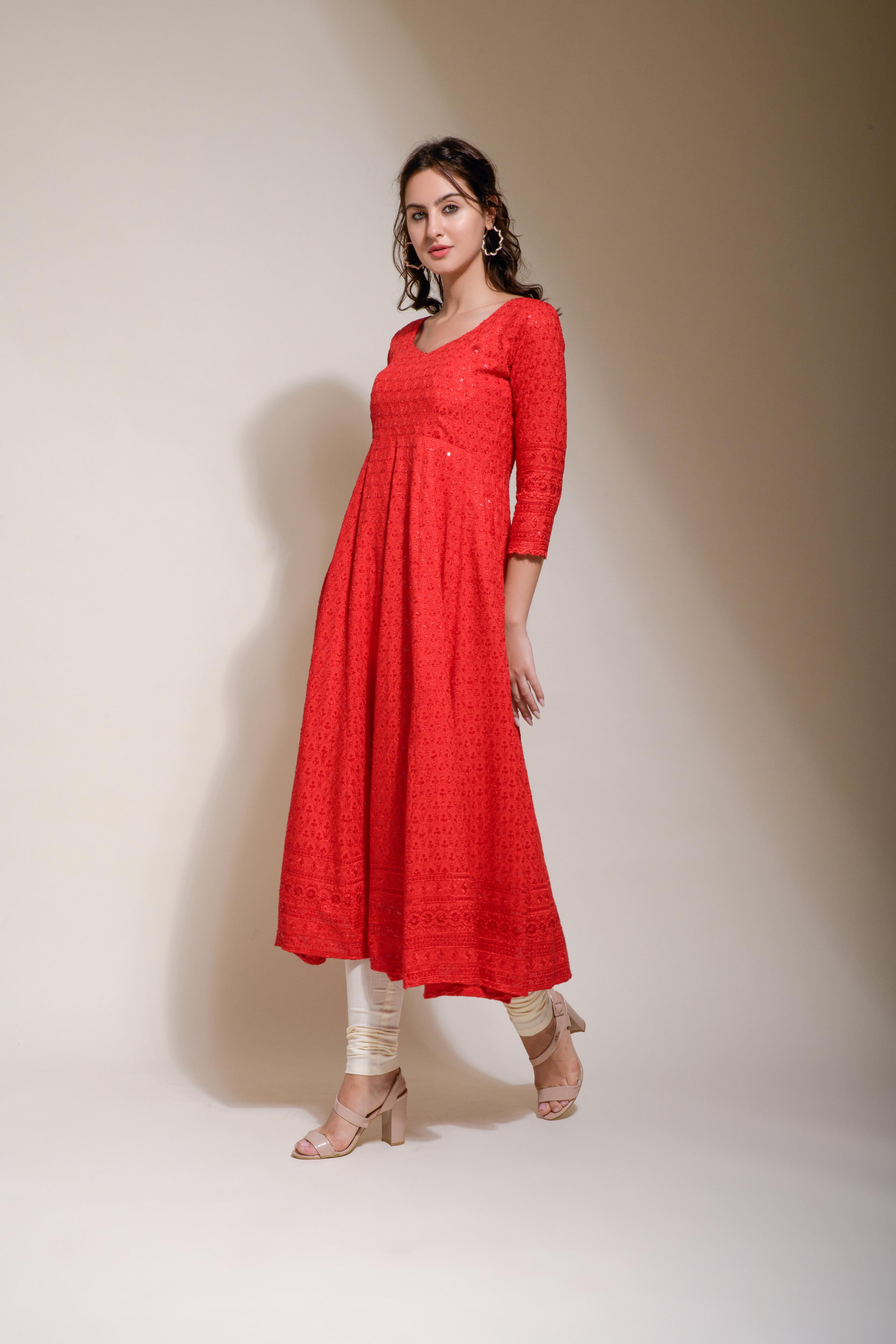Kayra Red chikankari style kurta pant set