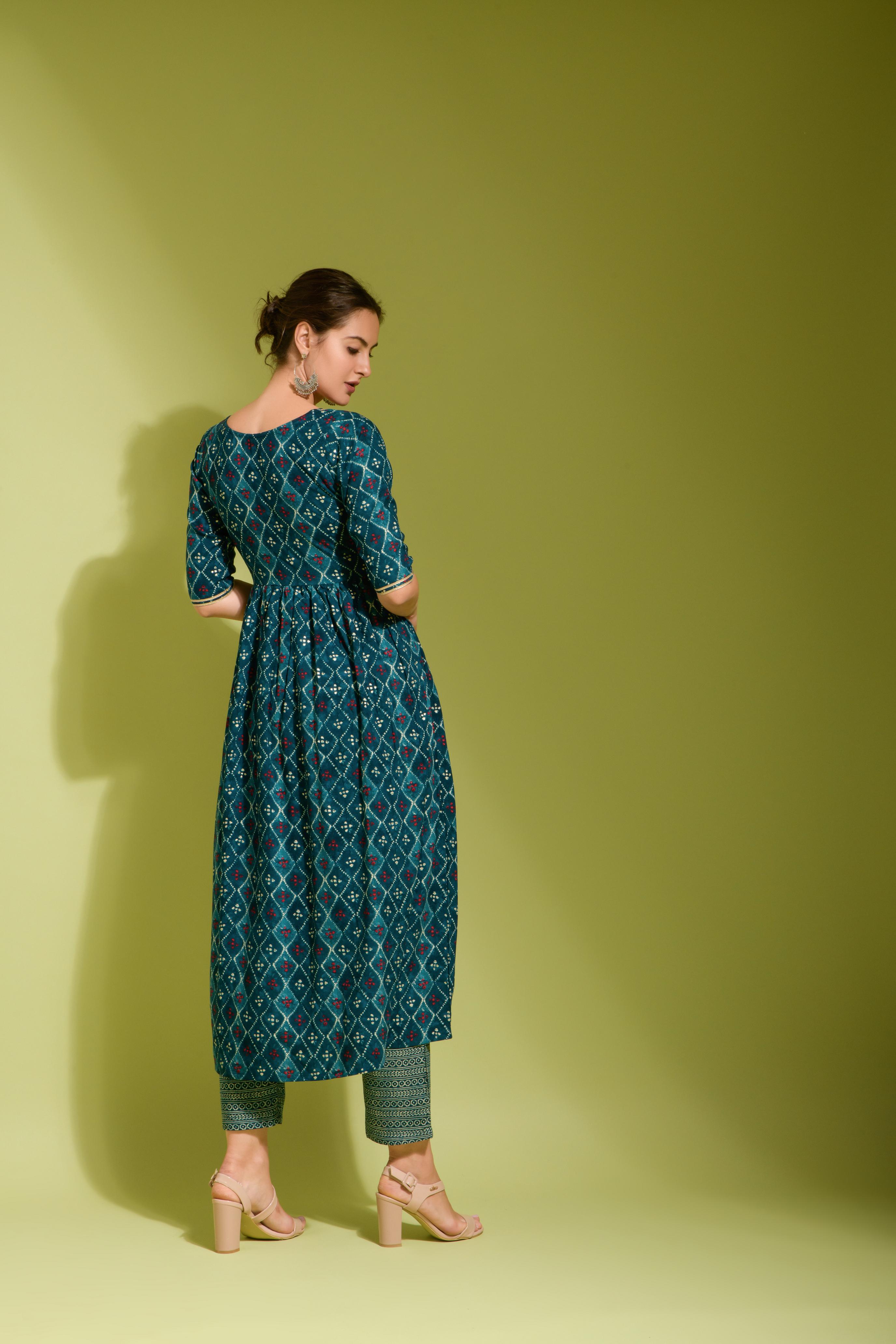 Antara Teal Green V-Neck Rayon Kurta Pant Set